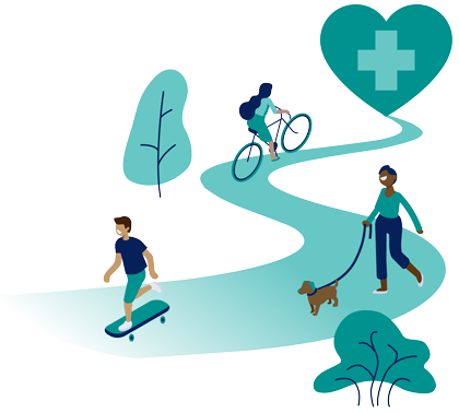 people outside on pathway with healthcare heart symbol