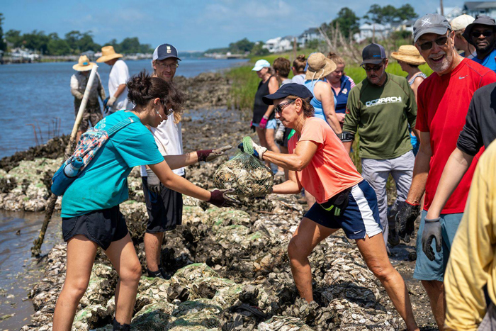 Students and community members moving bags of oyster shells