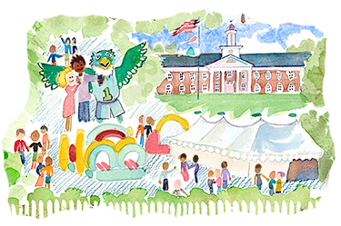 illustration of TEALgate tent with people, games and bounce houses
